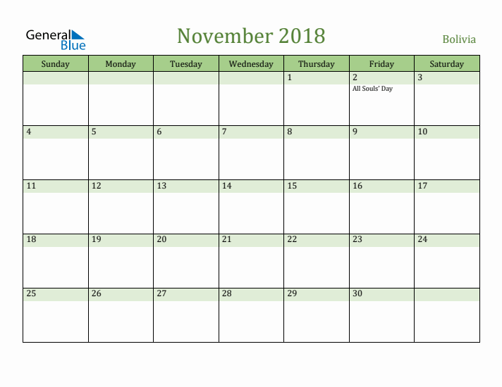 November 2018 Calendar with Bolivia Holidays