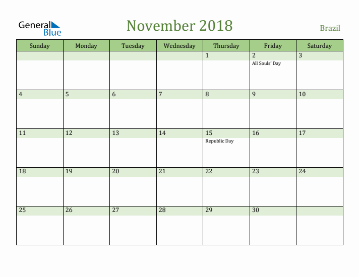 November 2018 Calendar with Brazil Holidays