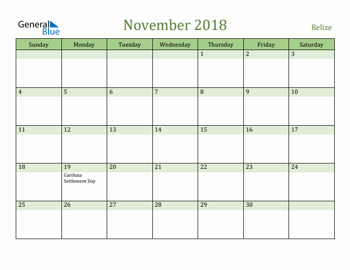 November 2018 Calendar with Belize Holidays