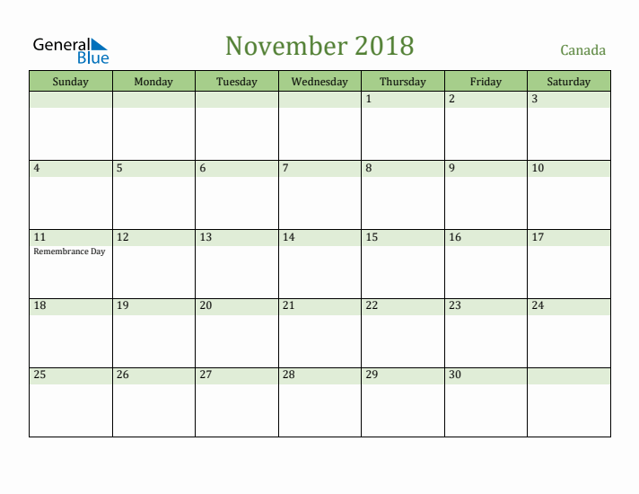 November 2018 Calendar with Canada Holidays