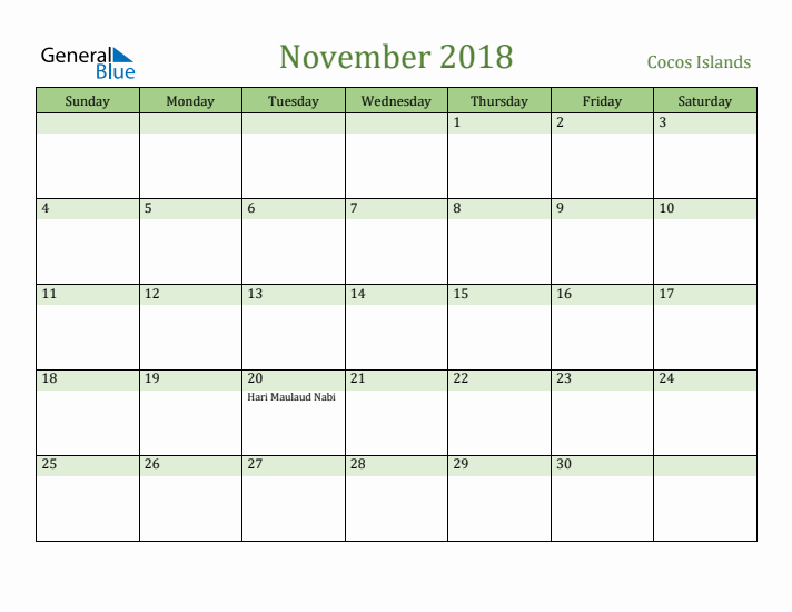 November 2018 Calendar with Cocos Islands Holidays