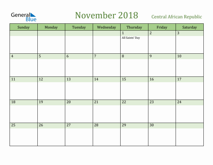 November 2018 Calendar with Central African Republic Holidays