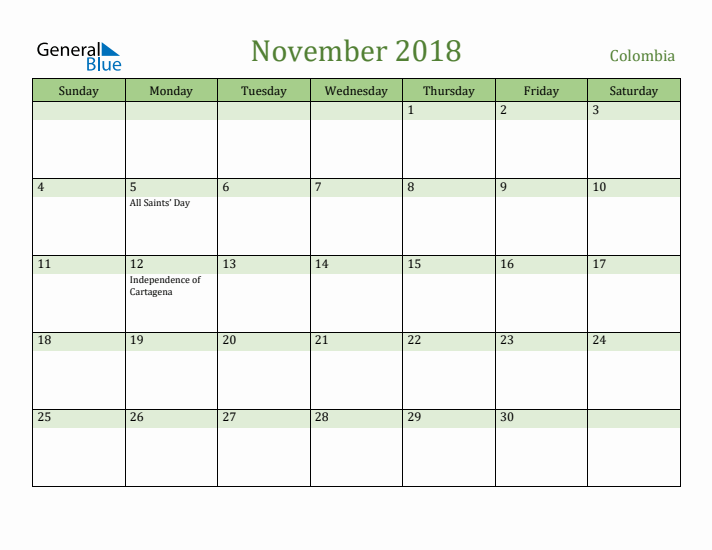 November 2018 Calendar with Colombia Holidays