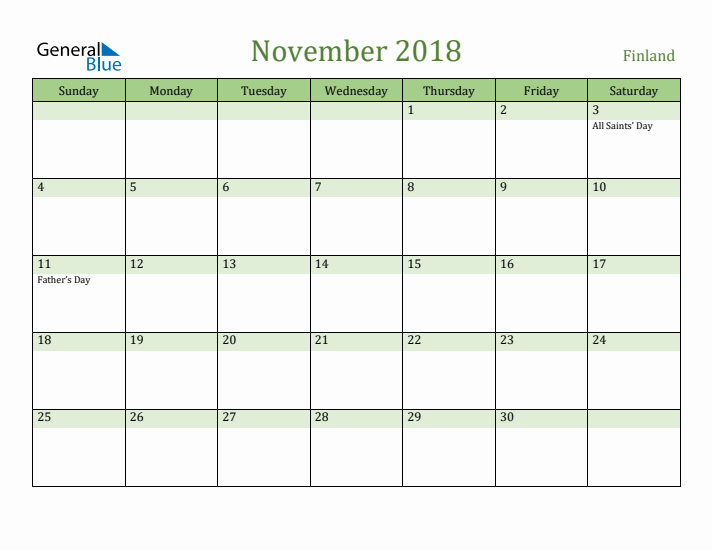 November 2018 Calendar with Finland Holidays