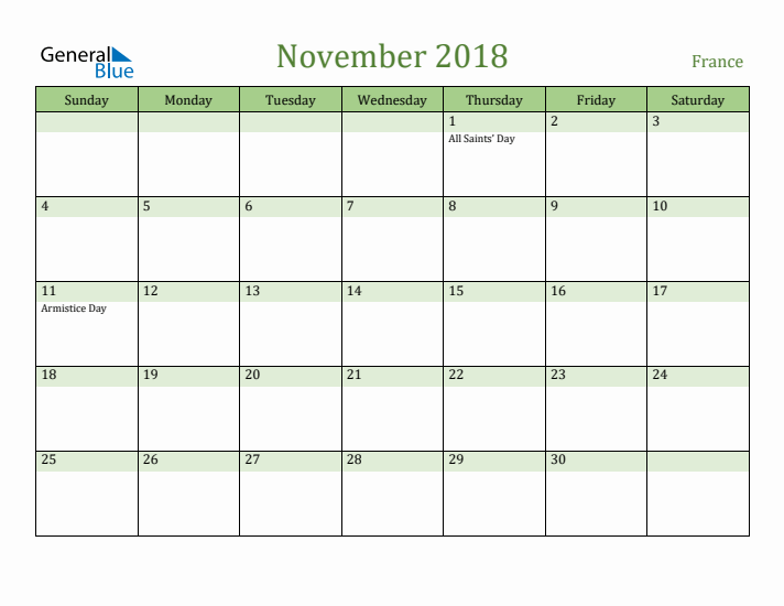 November 2018 Calendar with France Holidays