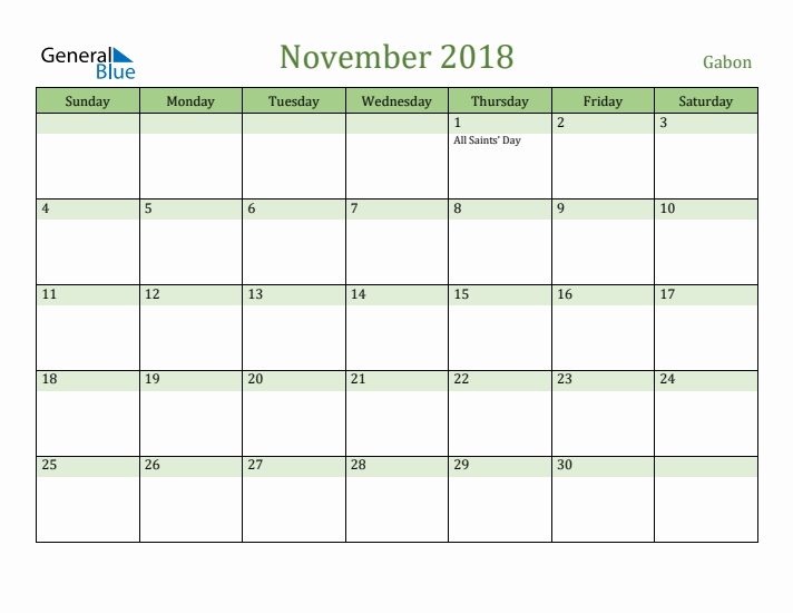 November 2018 Calendar with Gabon Holidays