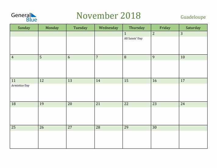 November 2018 Calendar with Guadeloupe Holidays