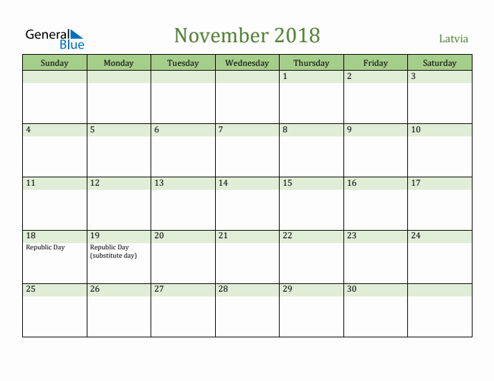 November 2018 Calendar with Latvia Holidays