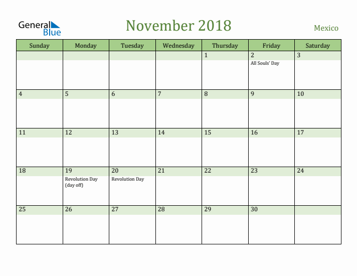 November 2018 Calendar with Mexico Holidays