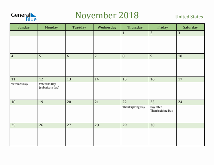 November 2018 Calendar with United States Holidays