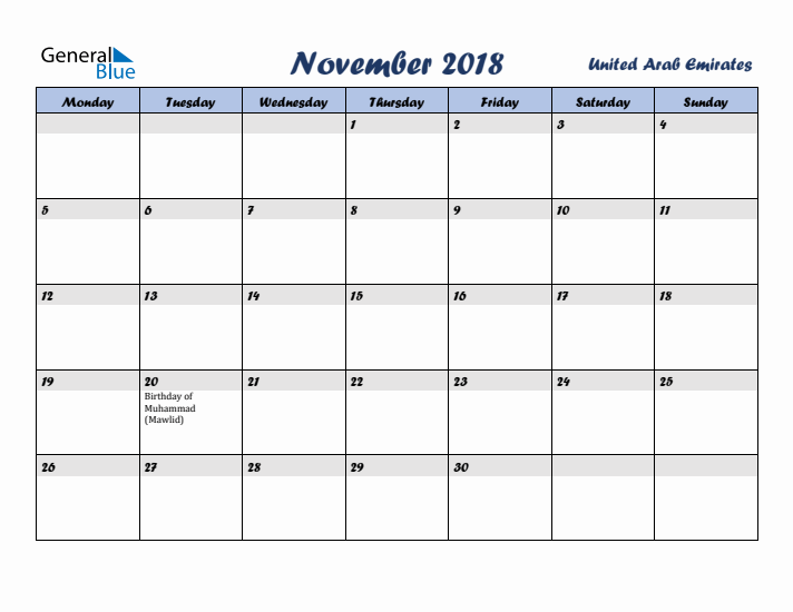 November 2018 Calendar with Holidays in United Arab Emirates