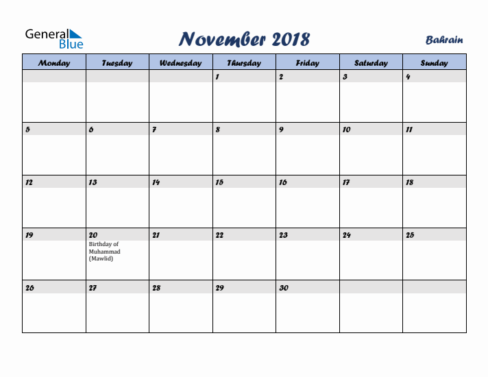 November 2018 Calendar with Holidays in Bahrain