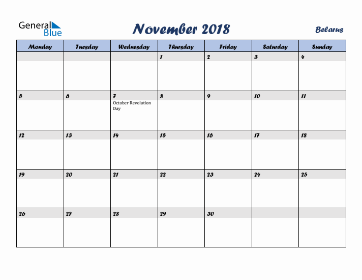 November 2018 Calendar with Holidays in Belarus