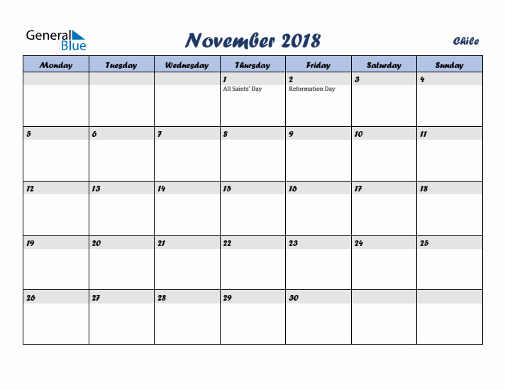 November 2018 Calendar with Holidays in Chile