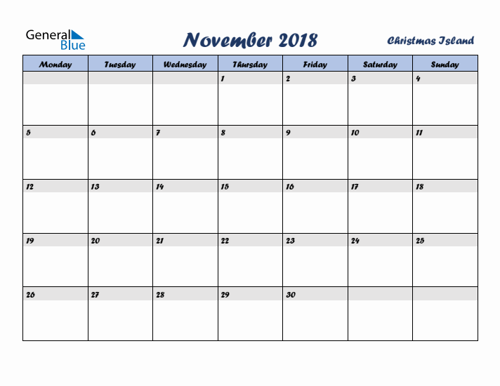 November 2018 Calendar with Holidays in Christmas Island