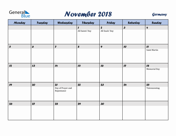 November 2018 Calendar with Holidays in Germany