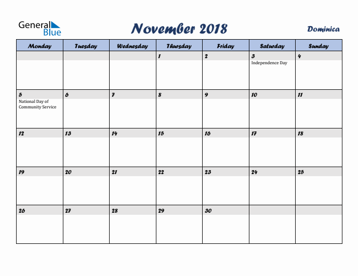 November 2018 Calendar with Holidays in Dominica