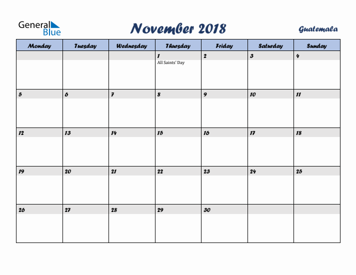 November 2018 Calendar with Holidays in Guatemala