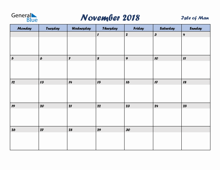 November 2018 Calendar with Holidays in Isle of Man