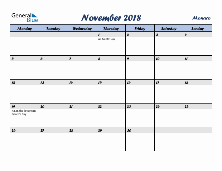 November 2018 Calendar with Holidays in Monaco