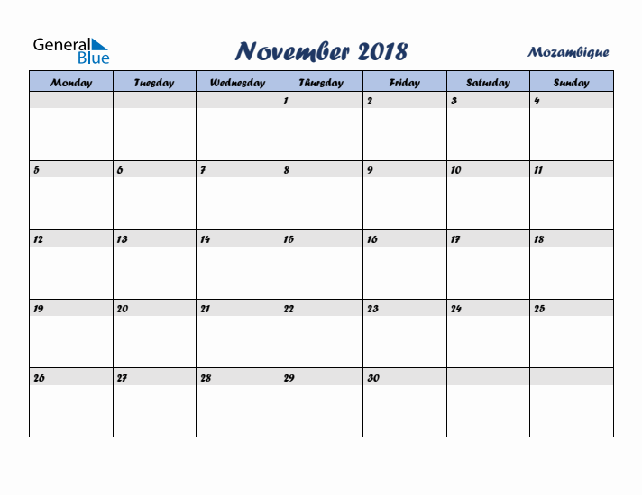 November 2018 Calendar with Holidays in Mozambique