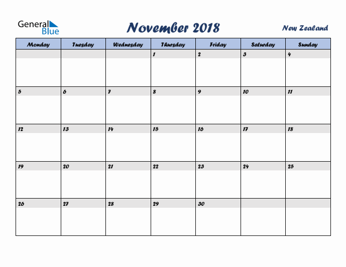 November 2018 Calendar with Holidays in New Zealand