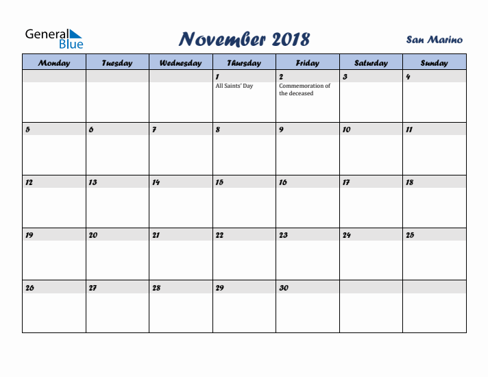 November 2018 Calendar with Holidays in San Marino