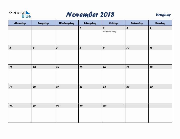 November 2018 Calendar with Holidays in Uruguay