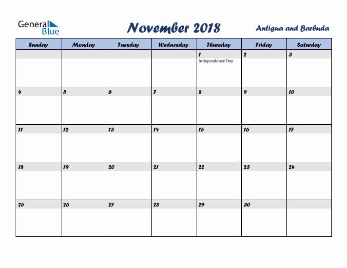 November 2018 Calendar with Holidays in Antigua and Barbuda