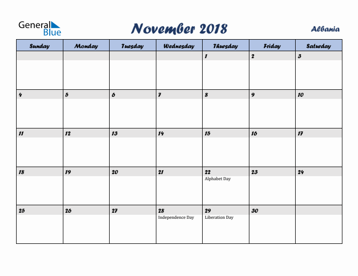 November 2018 Calendar with Holidays in Albania