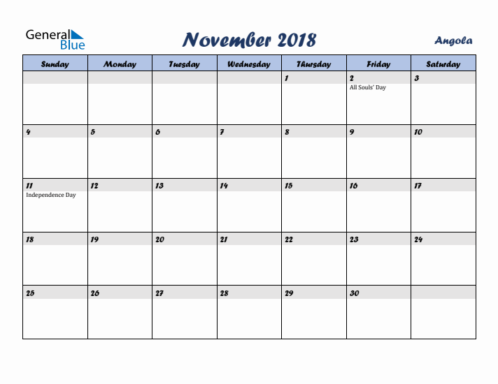 November 2018 Calendar with Holidays in Angola