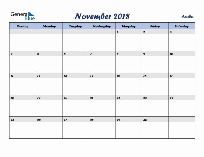 November 2018 Calendar with Holidays in Aruba