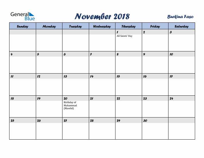 November 2018 Calendar with Holidays in Burkina Faso