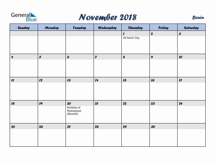 November 2018 Calendar with Holidays in Benin