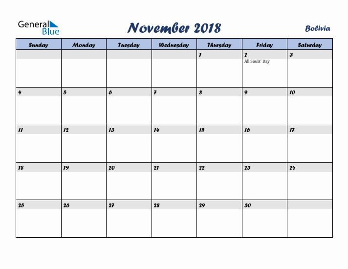 November 2018 Calendar with Holidays in Bolivia