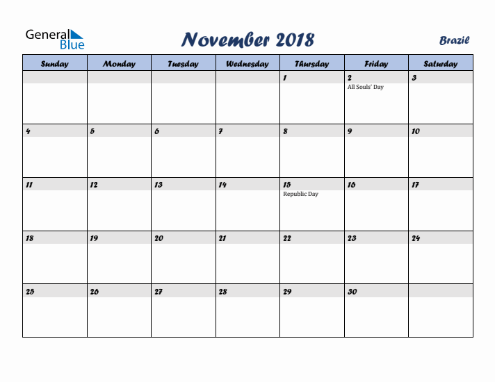 November 2018 Calendar with Holidays in Brazil