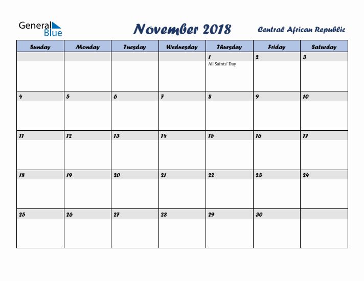 November 2018 Calendar with Holidays in Central African Republic