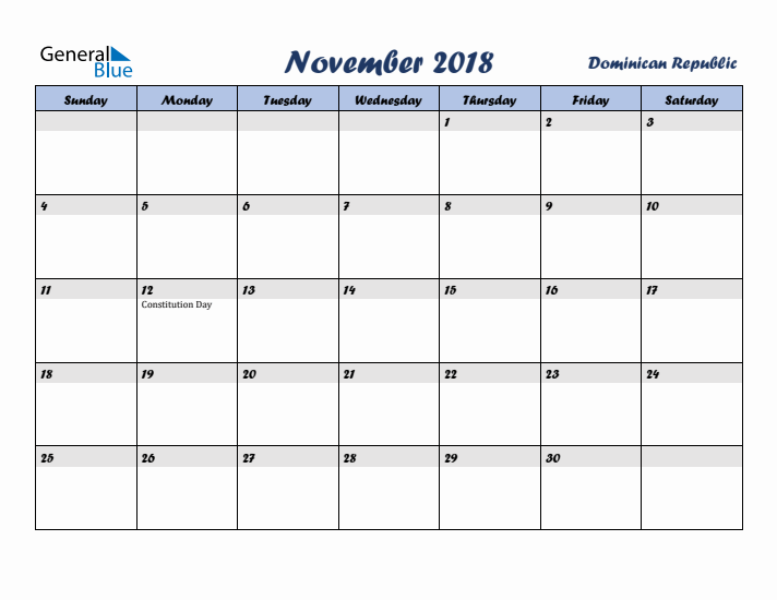 November 2018 Calendar with Holidays in Dominican Republic