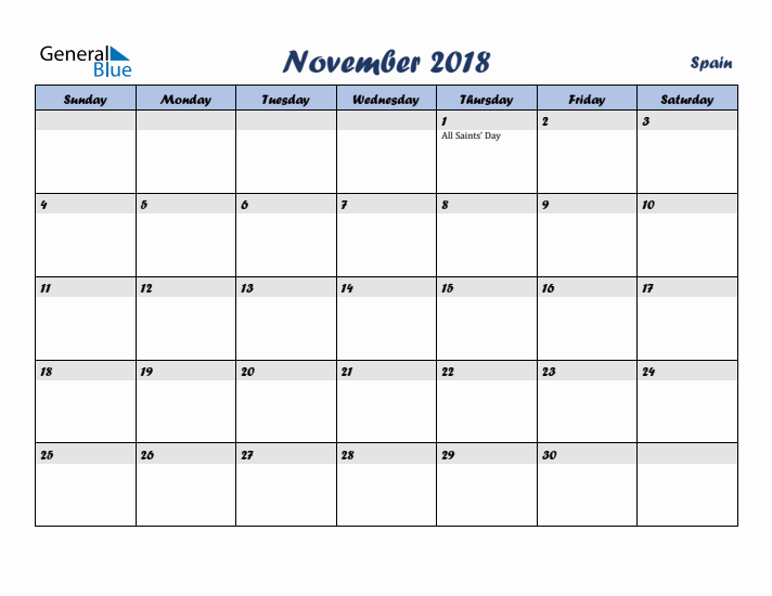 November 2018 Calendar with Holidays in Spain