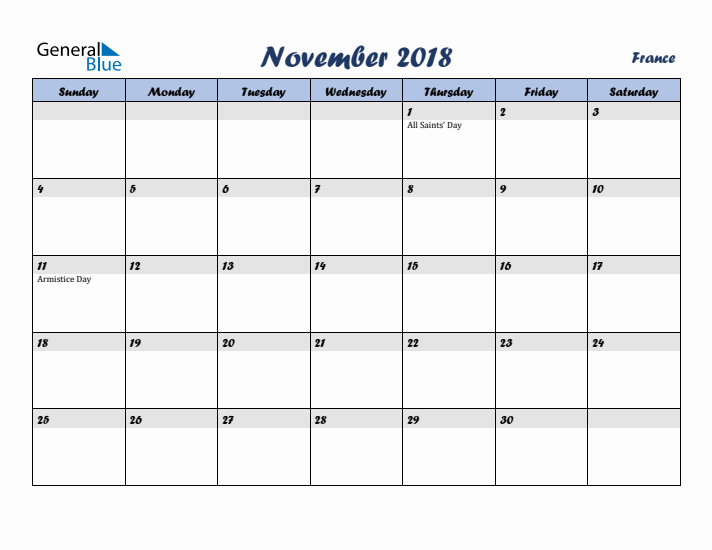 November 2018 Calendar with Holidays in France