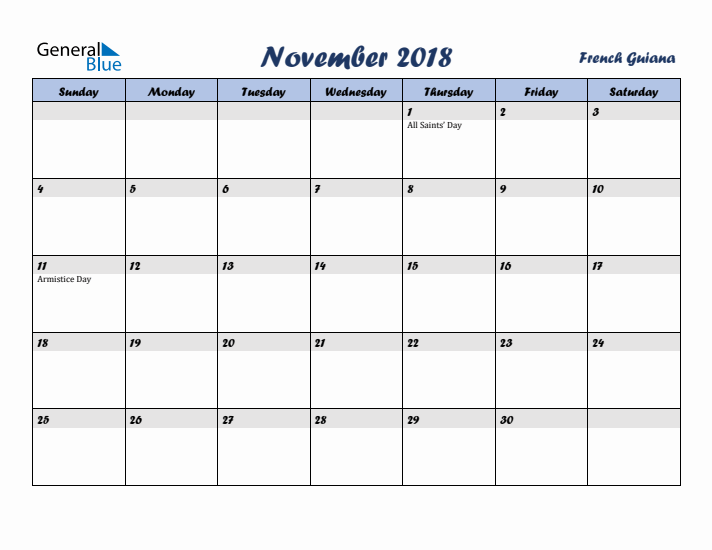 November 2018 Calendar with Holidays in French Guiana