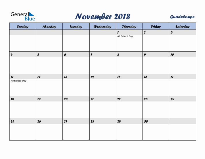 November 2018 Calendar with Holidays in Guadeloupe