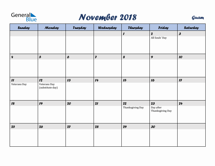 November 2018 Calendar with Holidays in Guam