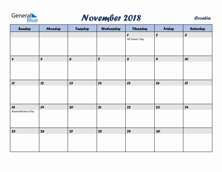 November 2018 Calendar with Holidays in Croatia