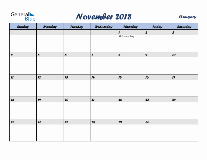 November 2018 Calendar with Holidays in Hungary