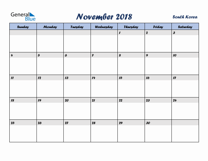 November 2018 Calendar with Holidays in South Korea