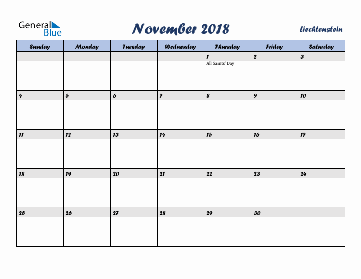 November 2018 Calendar with Holidays in Liechtenstein