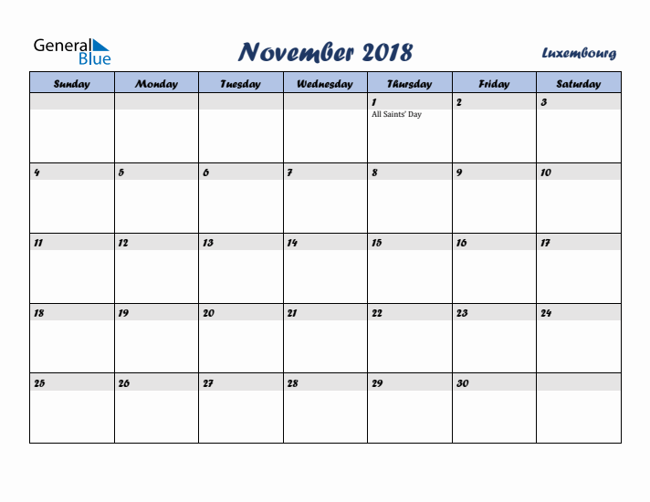 November 2018 Calendar with Holidays in Luxembourg