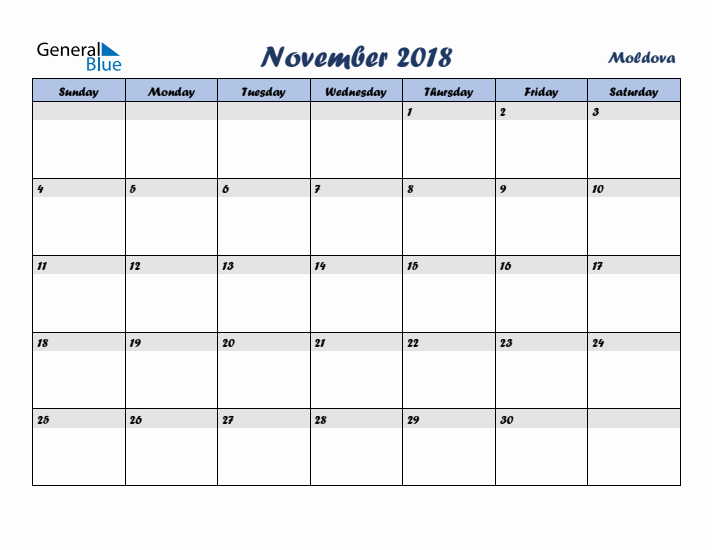 November 2018 Calendar with Holidays in Moldova