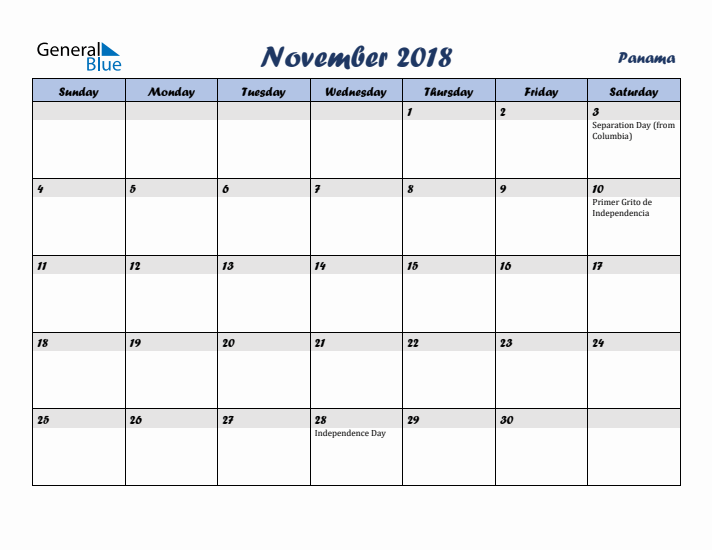 November 2018 Calendar with Holidays in Panama